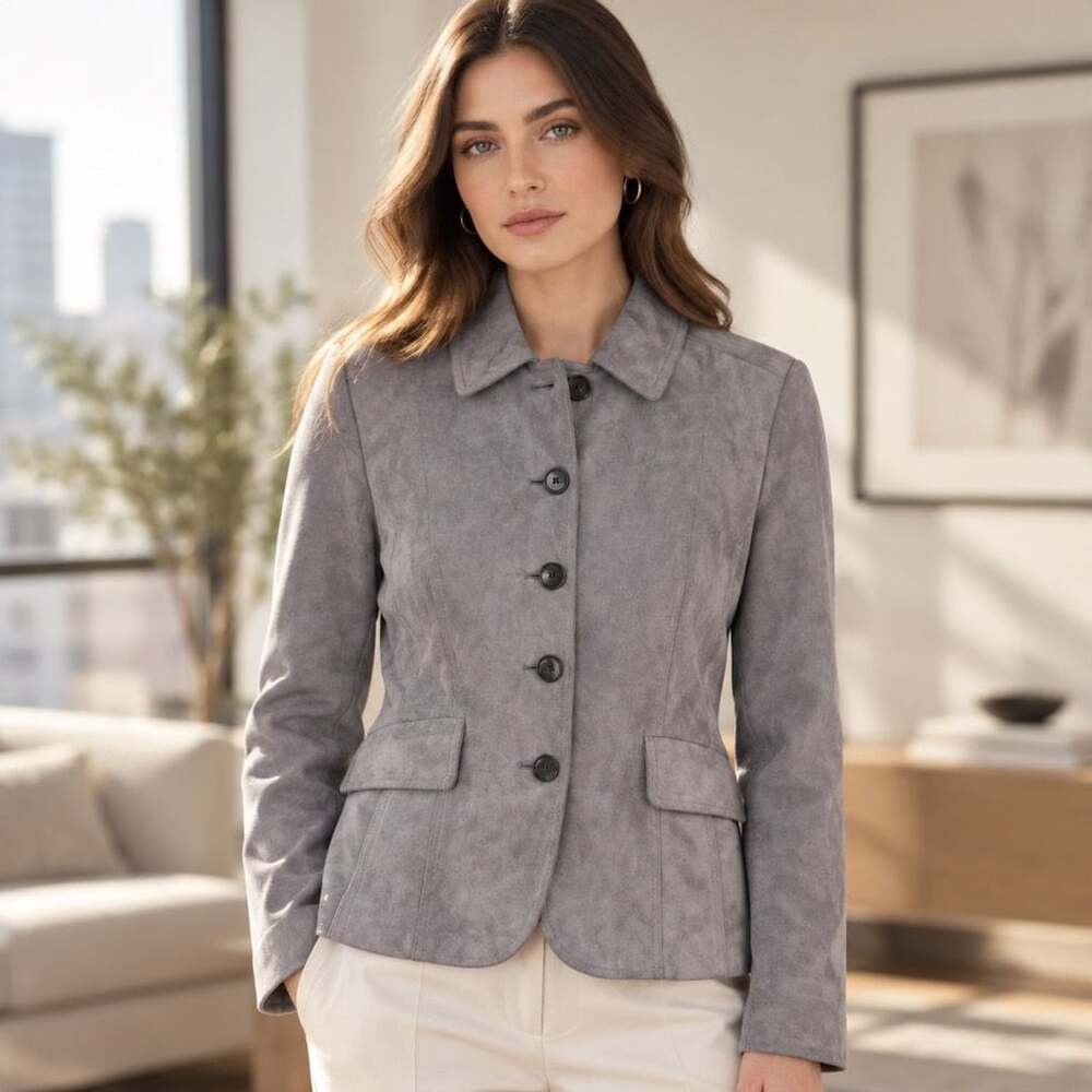 Ann Taylor 100% Leather Gray Jacket Blazer Size S Chic Career Luxury Style